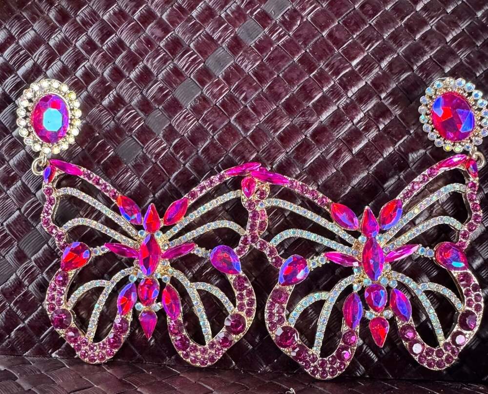 Oversized Pink Rhinestone Butterfly Dangle Earrings Gold Tone